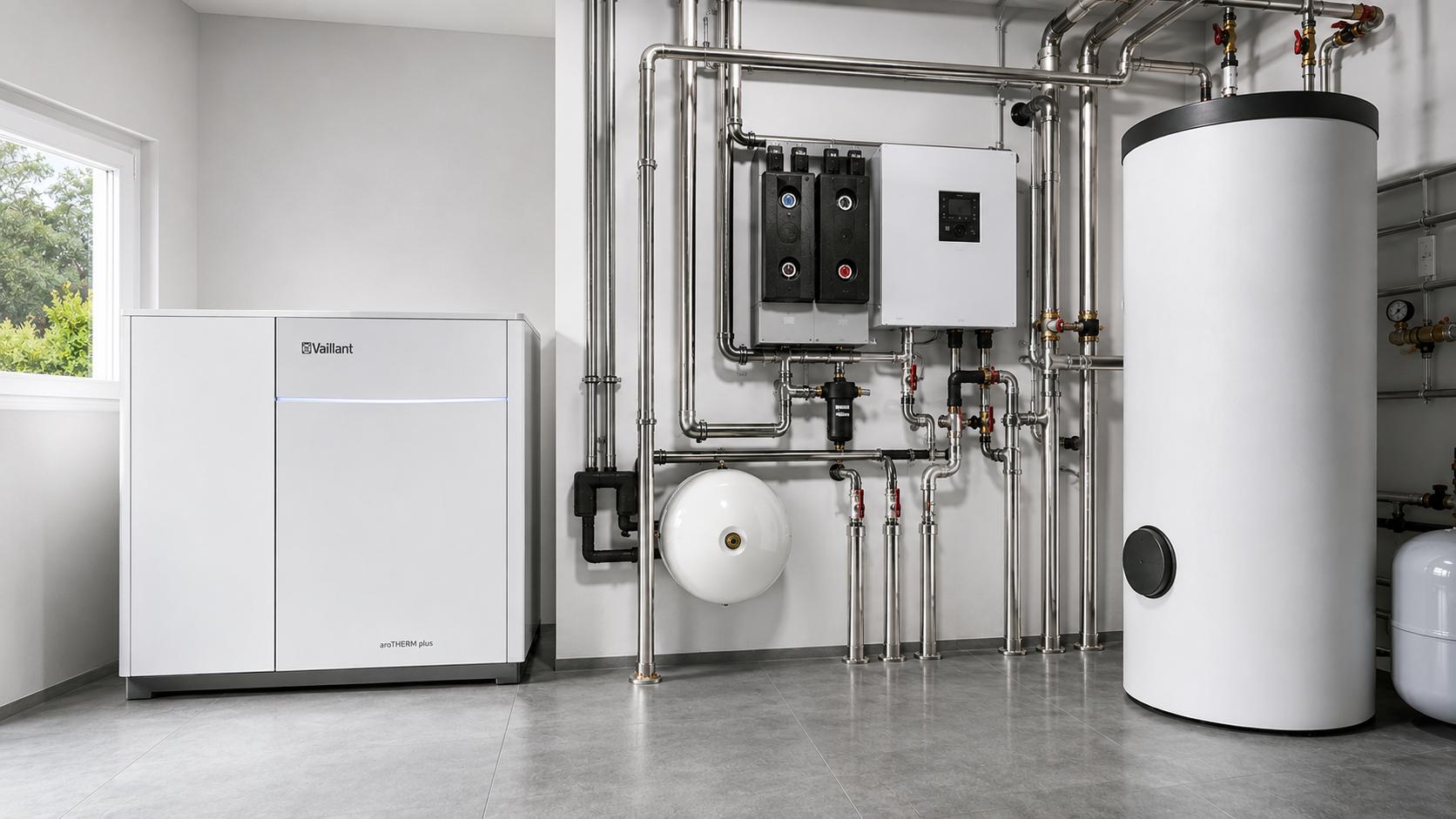 Technikraum mit Wärmepumpe, Speicher und sauber verlegten Leitungen – Heizungsbau von AR Gebäudetechnik in Volketswil